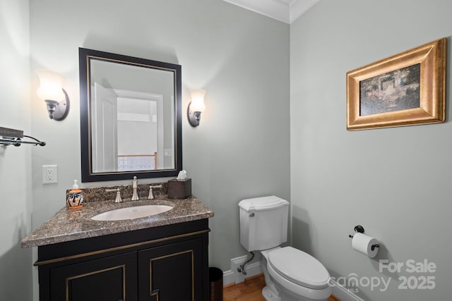 206 Stone Valley Way Unit 23, Hendersonville, NC 28792 - bathroom with toilet, vanity, wood finished floors, ornamental molding, and baseboards