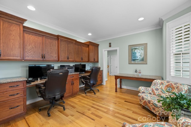 206 Stone Valley Way Unit 23, Hendersonville, NC 28792 - office space with built in desk, crown molding, light wood finished floors, and recessed lighting