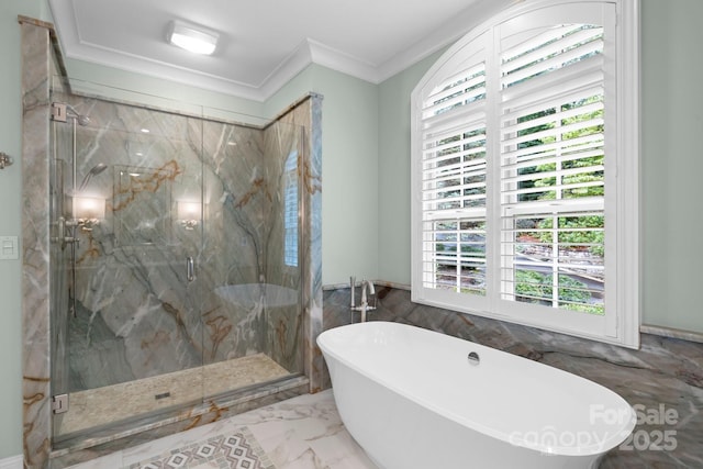 206 Stone Valley Way Unit 23, Hendersonville, NC 28792 - full bathroom featuring a freestanding bath, healthy amount of natural light, a marble finish shower, ornamental molding, and tile walls