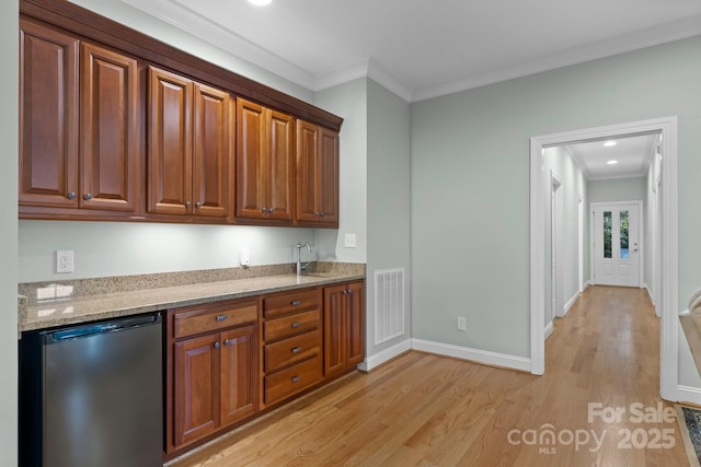 206 Stone Valley Way Unit 23, Hendersonville, NC 28792 - kitchen featuring ornamental molding, light wood finished floors, light stone countertops, brown cabinetry, and baseboards