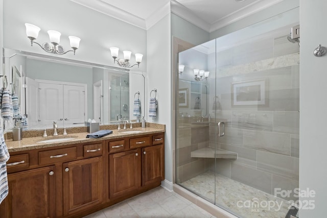 206 Stone Valley Way Unit 23, Hendersonville, NC 28792 - full bathroom featuring a chandelier, crown molding, double vanity, and a shower stall