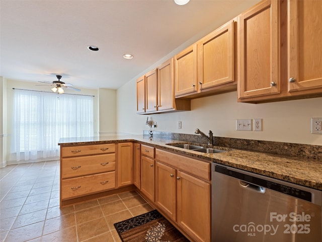kitchen with a sink, dishwasher, a peninsula, a ceiling fan, and recessed lighting