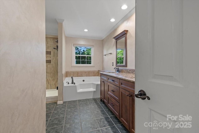 full bathroom featuring recessed lighting, tiled shower, vanity, a garden tub, and crown molding