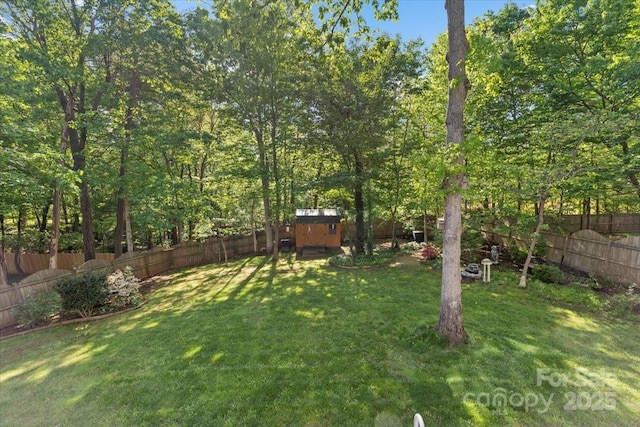 view of yard with an outdoor structure, a shed, and a fenced backyard