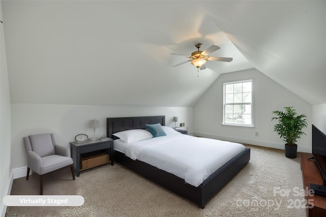 1835 Montague Rd, Clover, SC 29710 - carpeted bedroom with vaulted ceiling, baseboards, and ceiling fan
