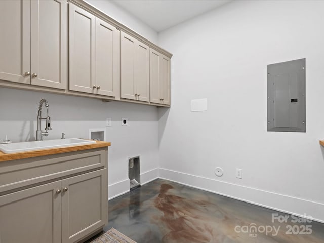 8044 Edgewater Dr Unit 100, Norwood, NC 28128 - washroom with electric panel, electric dryer hookup, washer hookup, cabinet space, and baseboards