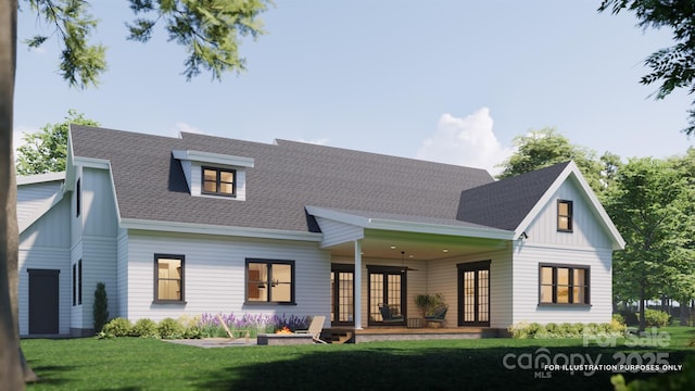 1905-A Bechtler Rd, Edgemoor, SC 29712 - back of house featuring board and batten siding, a lawn, french doors, and roof with shingles