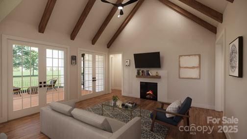 1905-A Bechtler Rd, Edgemoor, SC 29712 - living room featuring beam ceiling, ceiling fan, high vaulted ceiling, a lit fireplace, and wood finished floors