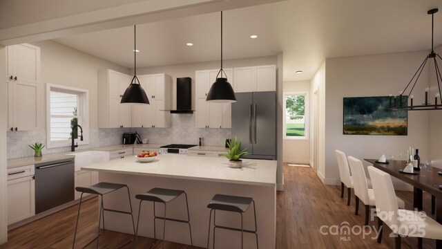 1905-A Bechtler Rd, Edgemoor, SC 29712 - kitchen with wall chimney range hood, white cabinetry, stainless steel appliances, and backsplash