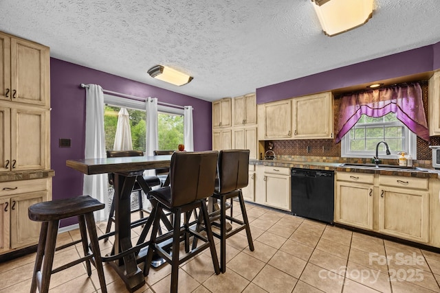 166 Kennedy Rd, Weaverville, NC 28787 - kitchen featuring black dishwasher, a sink, light brown cabinets, light tile patterned floors, and a textured ceiling
