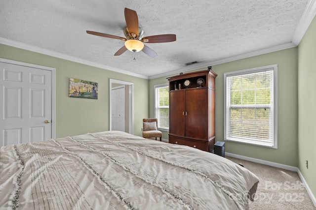 166 Kennedy Rd, Weaverville, NC 28787 - bedroom with carpet floors, baseboards, a textured ceiling, crown molding, and ceiling fan