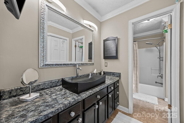 166 Kennedy Rd, Weaverville, NC 28787 - bathroom with vanity, shower / bath combo with shower curtain, a textured ceiling, tile patterned floors, and ornamental molding