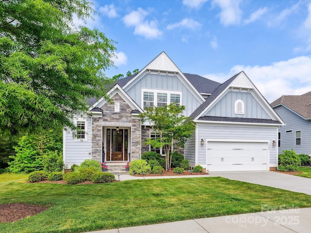 5420 Meadowcroft Way, Fort Mill, SC 29708 - craftsman inspired home with board and batten siding, concrete driveway, a front lawn, and stone siding