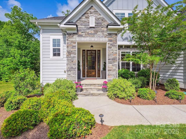5420 Meadowcroft Way, Fort Mill, SC 29708 - property entrance featuring stone siding and board and batten siding