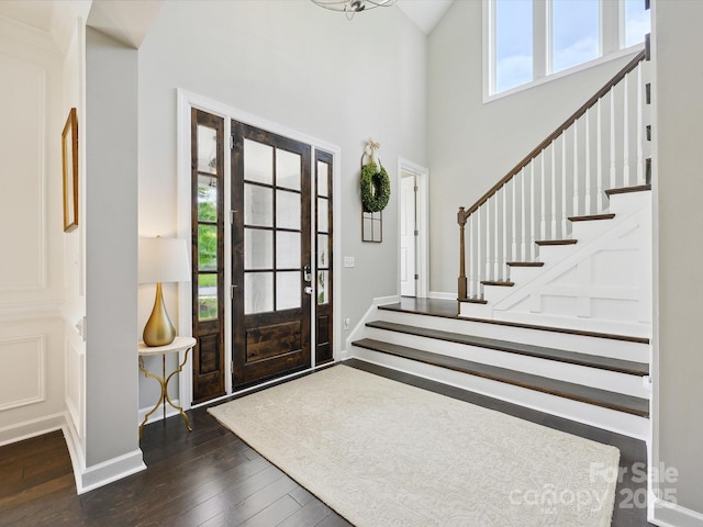 5420 Meadowcroft Way, Fort Mill, SC 29708 - entrance foyer featuring dark wood-style floors, a high ceiling, stairway, and baseboards
