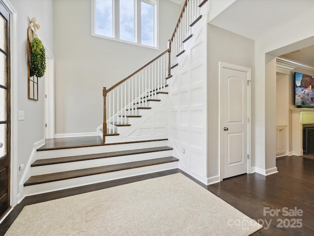5420 Meadowcroft Way, Fort Mill, SC 29708 - entrance foyer with stairway, wood finished floors, a fireplace, and baseboards