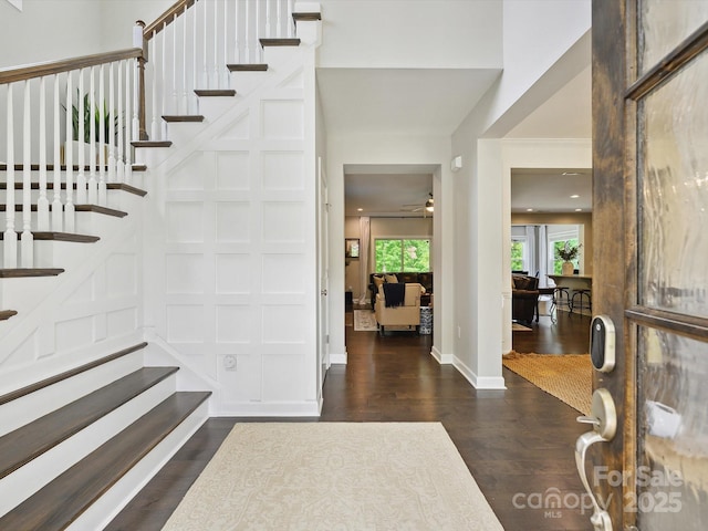 5420 Meadowcroft Way, Fort Mill, SC 29708 - entryway with dark wood finished floors, stairs, ceiling fan, and baseboards