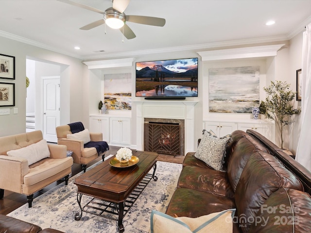 5420 Meadowcroft Way, Fort Mill, SC 29708 - living area featuring ceiling fan, a lit fireplace, ornamental molding, recessed lighting, and wood finished floors