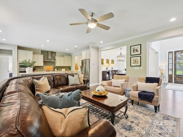 5420 Meadowcroft Way, Fort Mill, SC 29708 - living room with light wood-type flooring, ceiling fan, recessed lighting, ornamental molding, and baseboards