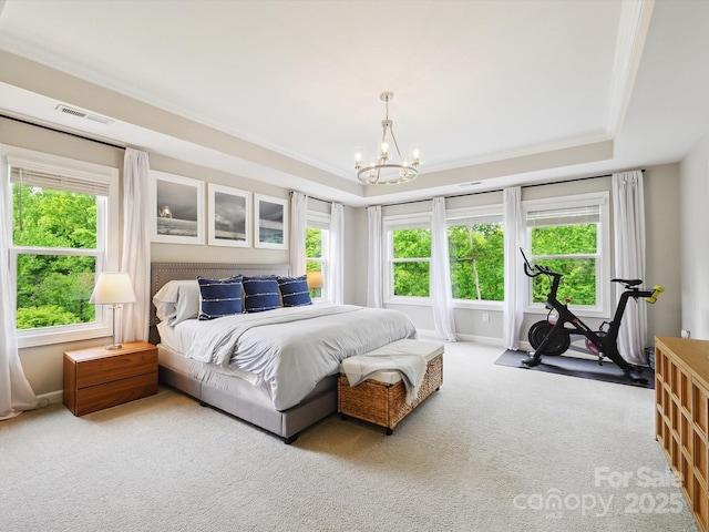 5420 Meadowcroft Way, Fort Mill, SC 29708 - bedroom featuring carpet floors, a chandelier, a tray ceiling, and ornamental molding