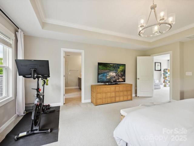 5420 Meadowcroft Way, Fort Mill, SC 29708 - bedroom featuring ornamental molding, a chandelier, baseboards, light carpet, and connected bathroom