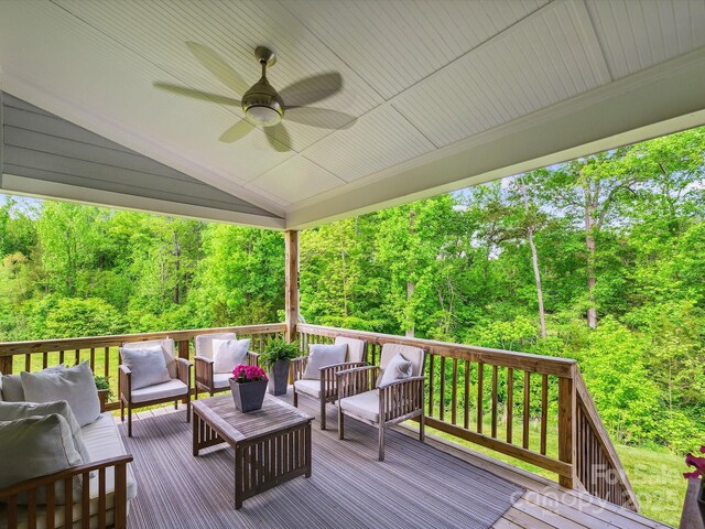 5420 Meadowcroft Way, Fort Mill, SC 29708 - wooden terrace with an outdoor living space, a ceiling fan, and a wooded view