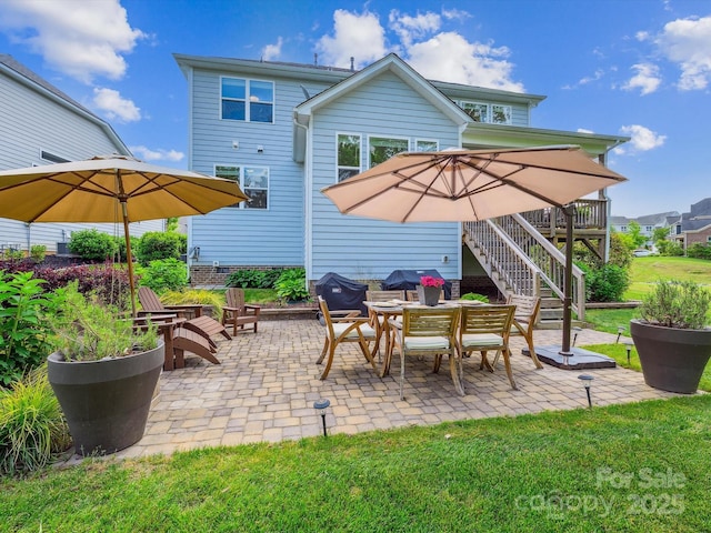5420 Meadowcroft Way, Fort Mill, SC 29708 - back of property with a patio, stairs, and a lawn