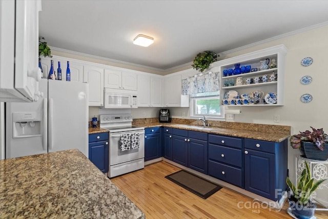 324 Autumn Dr, Harrisburg, NC 28075 - kitchen with blue cabinets, white appliances, light wood-style flooring, a sink, and white cabinetry