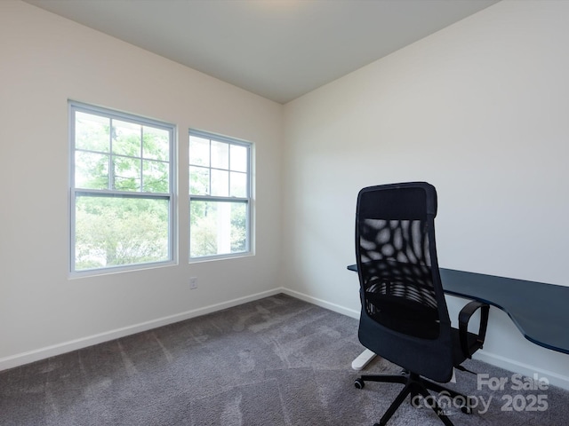 unfurnished office featuring baseboards and carpet flooring