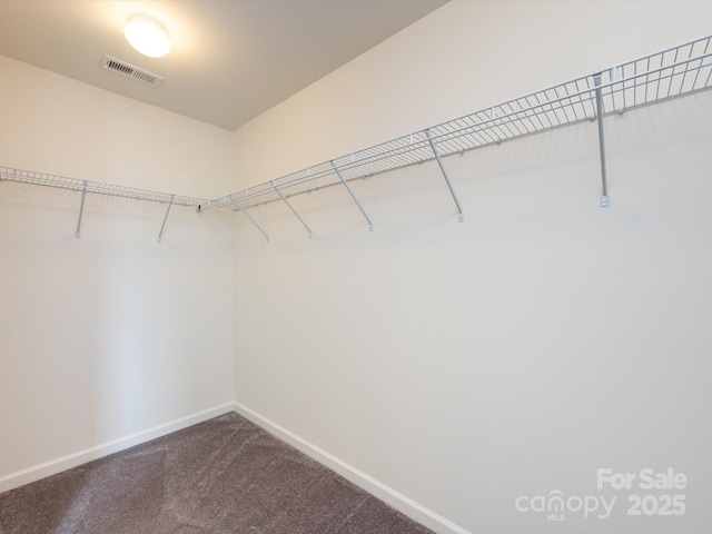 spacious closet with visible vents and dark colored carpet