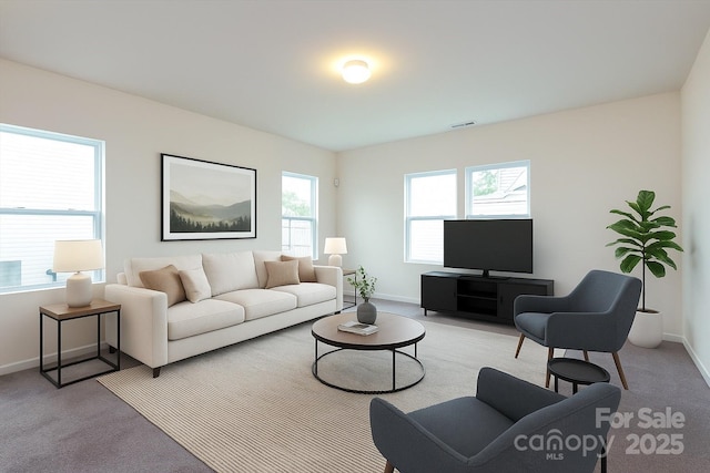 1523 Loropetalum Rd, Charlotte, NC 28215 - living room featuring baseboards, visible vents, and light carpet