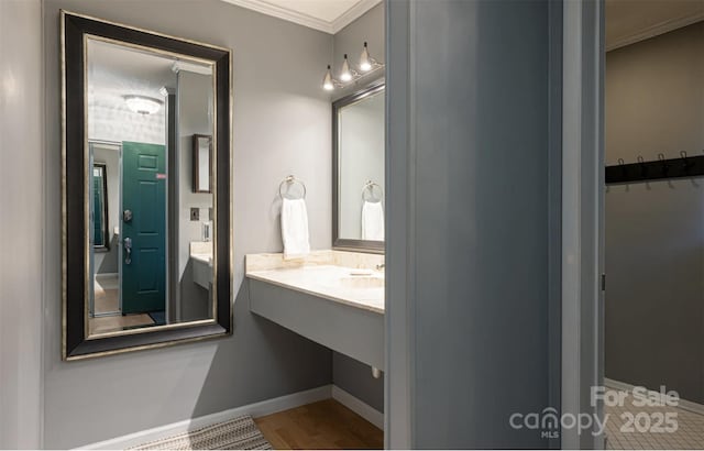 160 Whitney Blvd, Lake Lure, NC 28746 - bathroom featuring baseboards, ornamental molding, and vanity