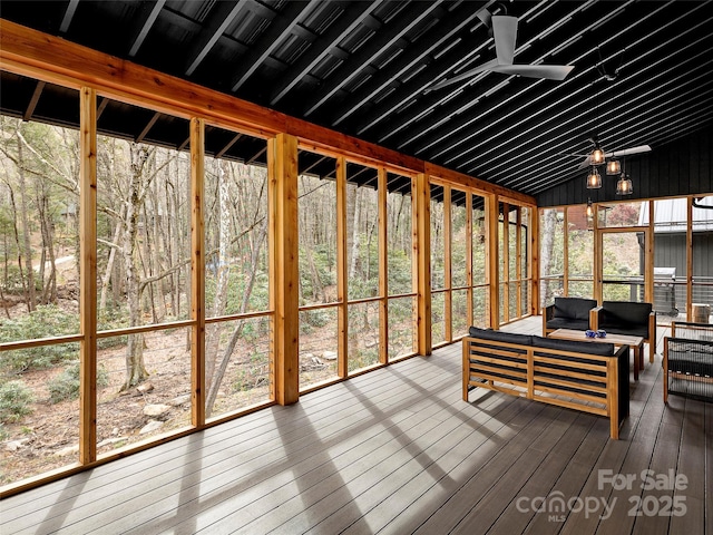 80 Hemlock Cir, Black Mountain, NC 28711 - sunroom featuring an outdoor living space, a ceiling fan, and lofted ceiling