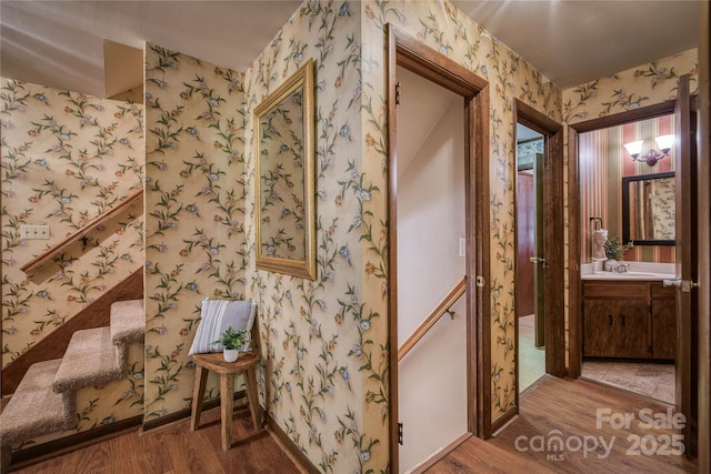 interior space featuring baseboards, wallpapered walls, wood finished floors, and vanity