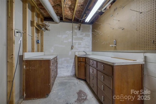 unfinished below grade area with a sink and concrete block wall