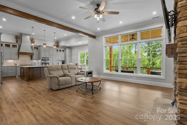 5360 Low Country Rd, Lenoir, NC 28645 - living room featuring ceiling fan, crown molding, baseboards, wood finished floors, and recessed lighting