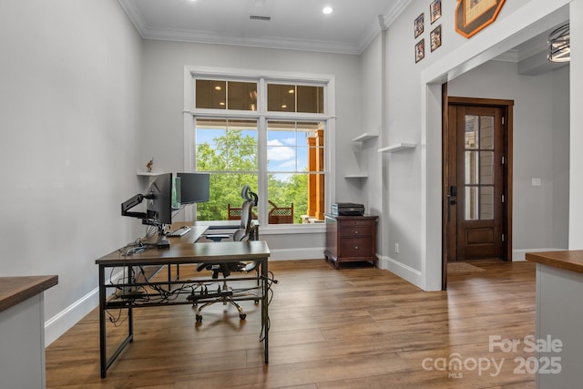 5360 Low Country Rd, Lenoir, NC 28645 - office area with crown molding, wood finished floors, recessed lighting, and baseboards