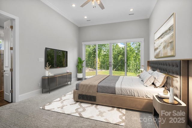 5360 Low Country Rd, Lenoir, NC 28645 - carpeted bedroom with crown molding, baseboards, a ceiling fan, and recessed lighting