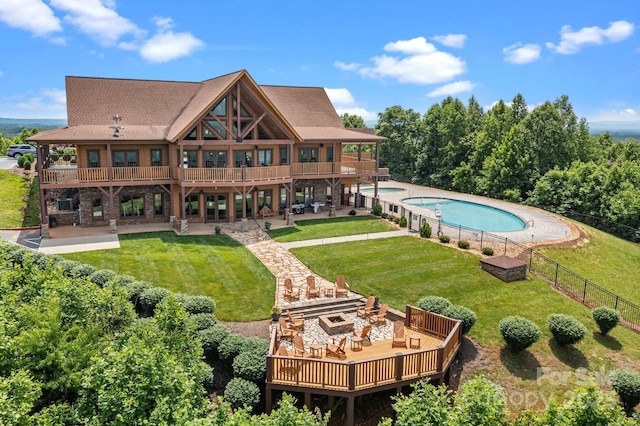 5360 Low Country Rd, Lenoir, NC 28645 - back of house with a patio, a wooden deck, log exterior, and a balcony