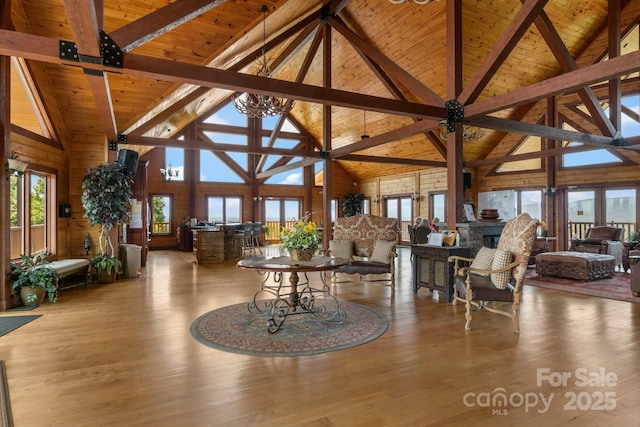 5360 Low Country Rd, Lenoir, NC 28645 - dining room with wooden ceiling with exposed beams, high vaulted ceiling, wood finished floors, and healthy amount of natural light