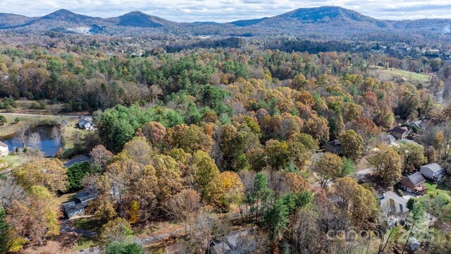 drone / aerial view featuring a water and mountain view and a forest view