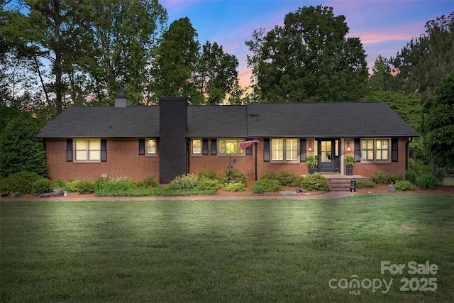 530 Bonita Dr, Landis, NC 28088 - ranch-style home with brick siding, a lawn, and a chimney