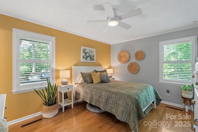 530 Bonita Dr, Landis, NC 28088 - bedroom with wood finished floors, a textured ceiling, crown molding, multiple windows, and baseboards
