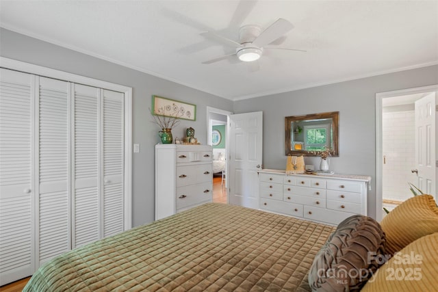 530 Bonita Dr, Landis, NC 28088 - bedroom with crown molding, a closet, ceiling fan, and connected bathroom