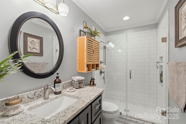 530 Bonita Dr, Landis, NC 28088 - bathroom with toilet, a shower stall, ornamental molding, and vanity
