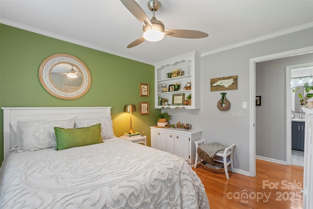 530 Bonita Dr, Landis, NC 28088 - bedroom featuring light wood-type flooring, crown molding, baseboards, and a ceiling fan
