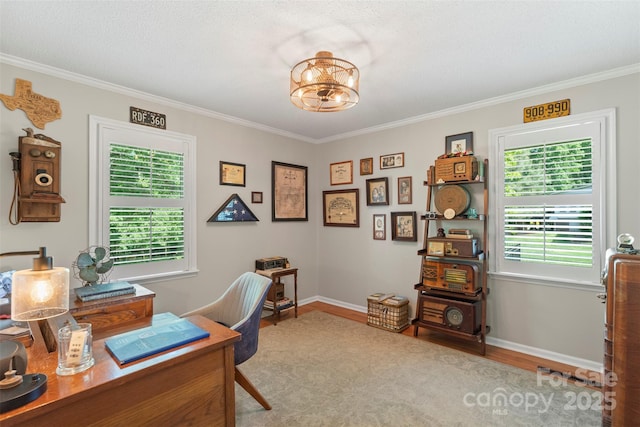 530 Bonita Dr, Landis, NC 28088 - office with ornamental molding, wood finished floors, baseboards, and a chandelier