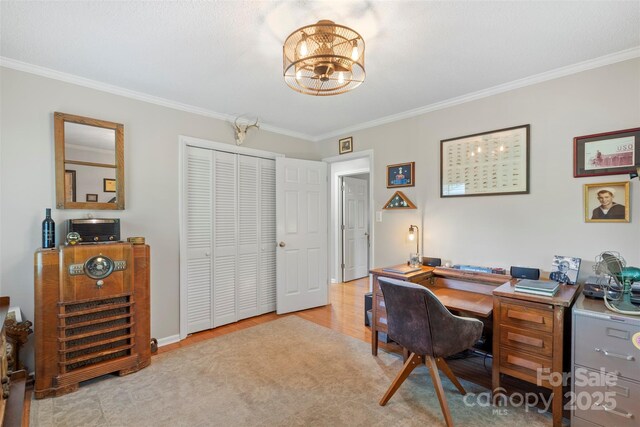 530 Bonita Dr, Landis, NC 28088 - office area featuring ornamental molding, wood finished floors, and a chandelier