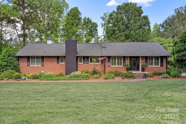 530 Bonita Dr, Landis, NC 28088 - ranch-style house with brick siding, a front lawn, and a chimney