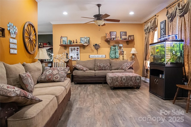 5562 Jenkins Rd, Morganton, NC 28655 - living area featuring ceiling fan, ornamental molding, recessed lighting, and wood finished floors